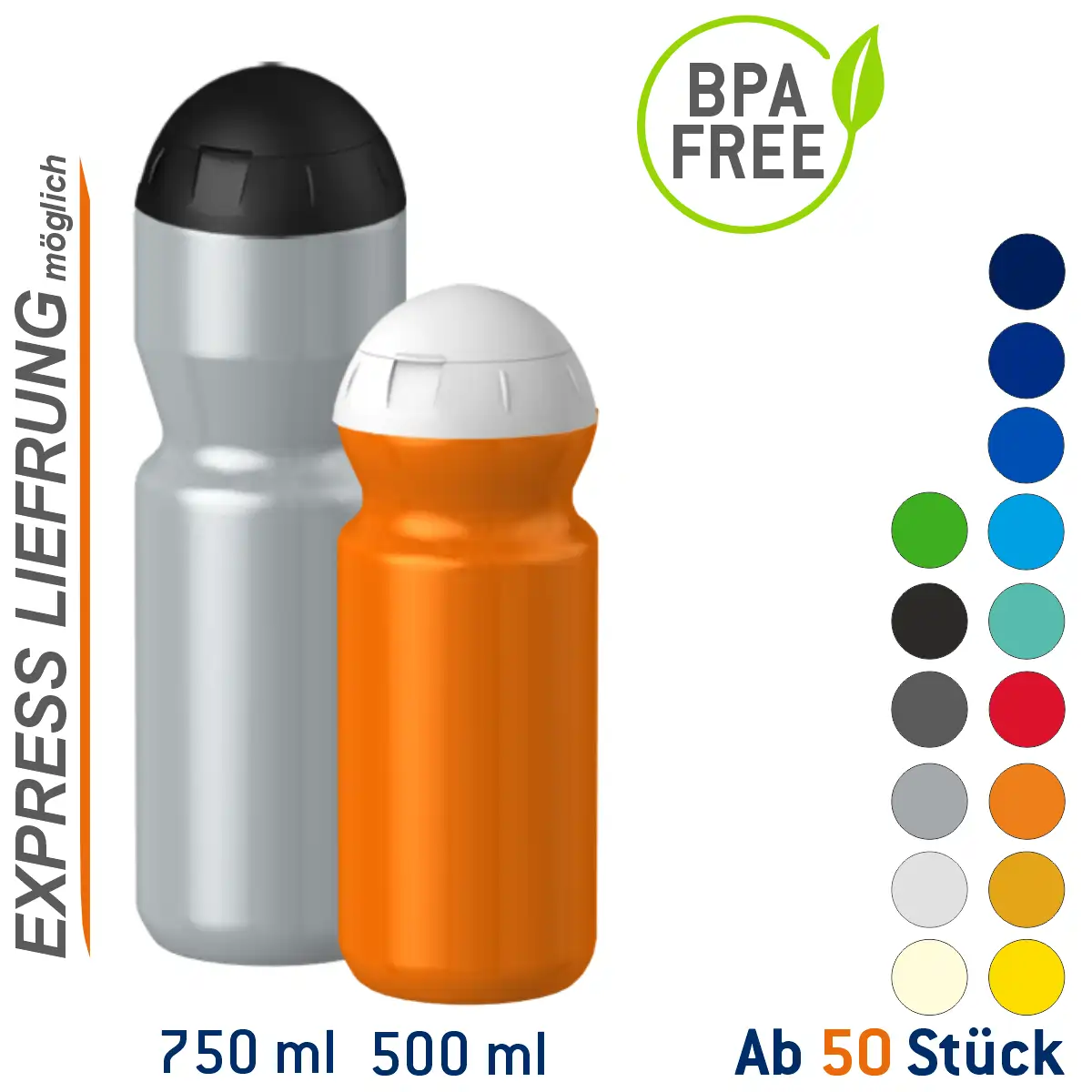 Fitness-Trinkflasche Classic mit Klappverschluss Flaschenfarbe: Silber Volumen: 500 ml Verschlussfarbe: Weiss Druck: ohne Druck